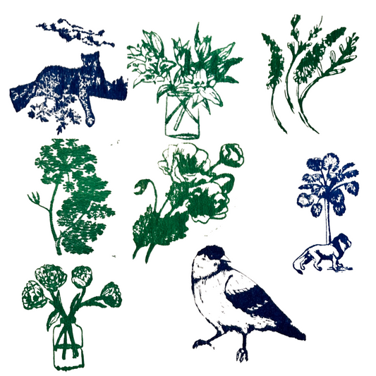 Tampon illustré oiseau et botanique