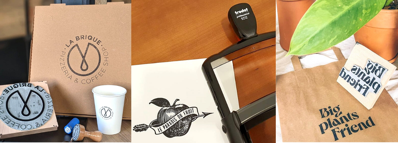 tampon encreur grand format pour personnaliser vos emballages en papier, en papier kraft, ou en carton. Nos tampons sont personnalisés sur-mesure avec votre design pour vous permettre d'apposer votre marque sur tous vos supports de communication