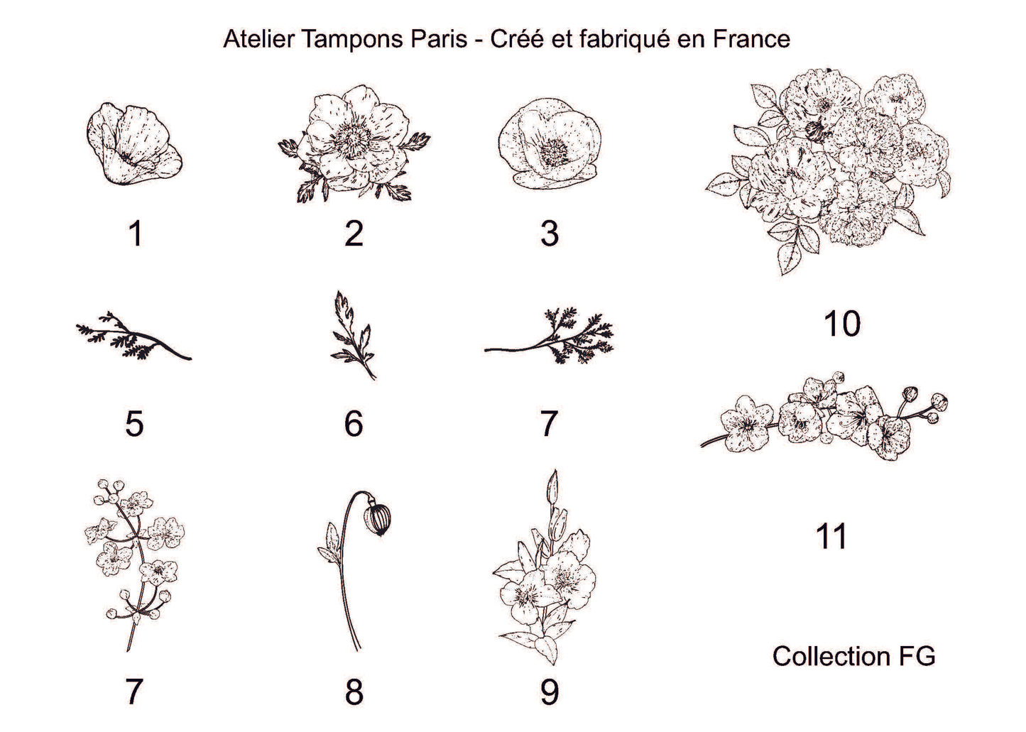 Tampon en bois scrapbooking fleurs dessinées et détaillées modèle FG