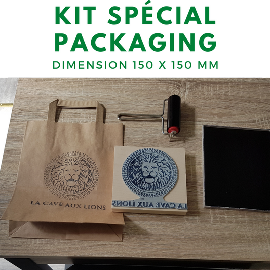 pack spécial emballages grand tampon 15x15 cm encrier noir et rouleau encreur