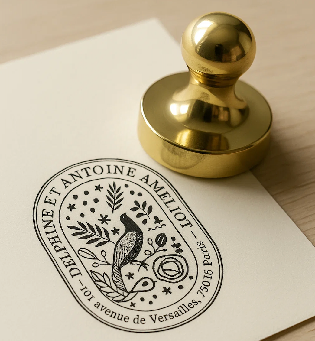 Tampon encreur deluxe rond monture dorée en laiton – ateliertamponsparis