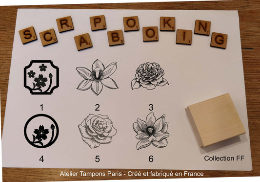 Tampon en bois scrapbooking fleurs dessinées et détaillées modèle FF