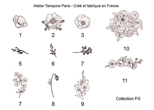 Tampon en bois scrapbooking fleurs dessinées et détaillées modèle FG